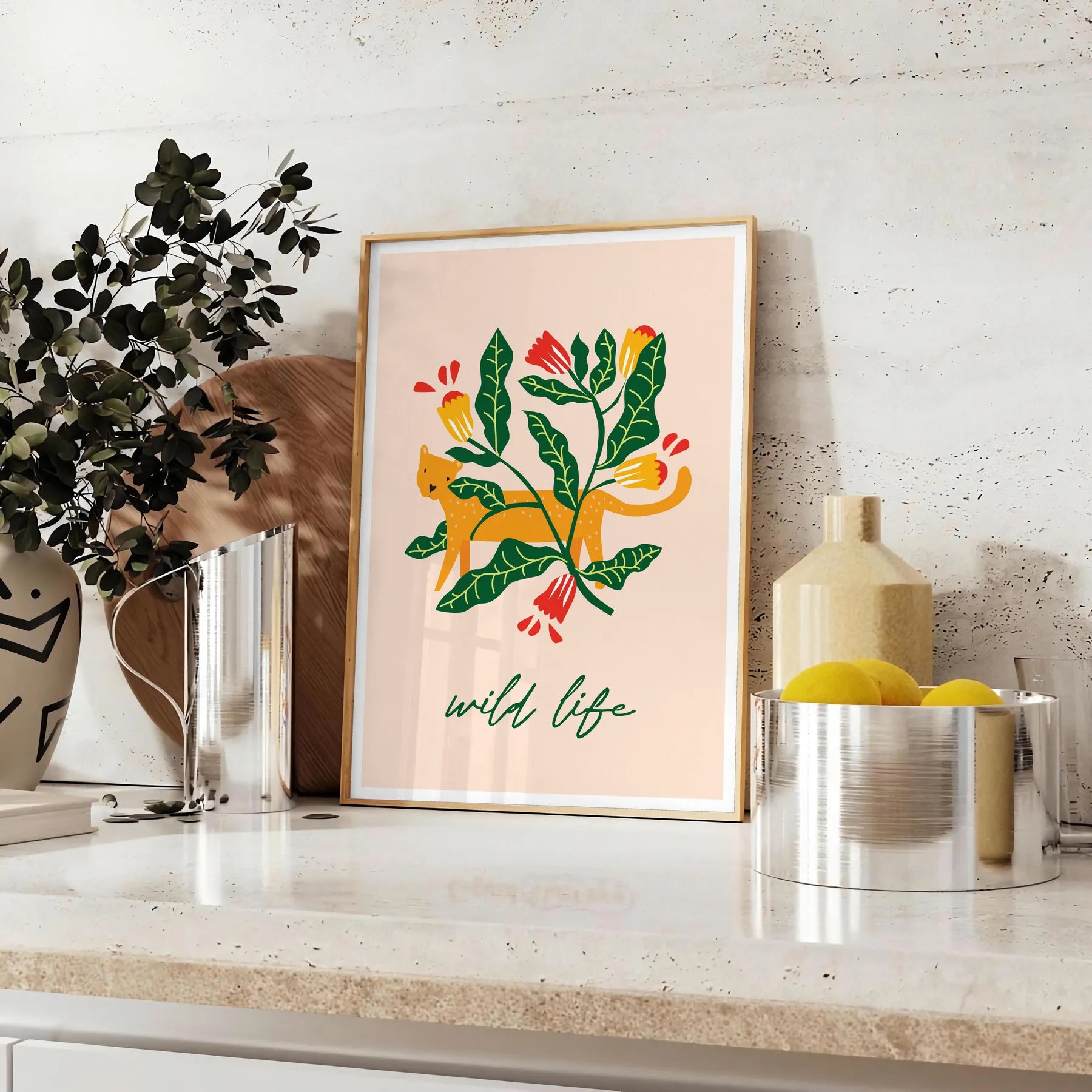 space vibrant botanical poster lush green striking orange hues wall art unique gift nature beauty indoors preferred size A4 cm A0 decor stunning print today