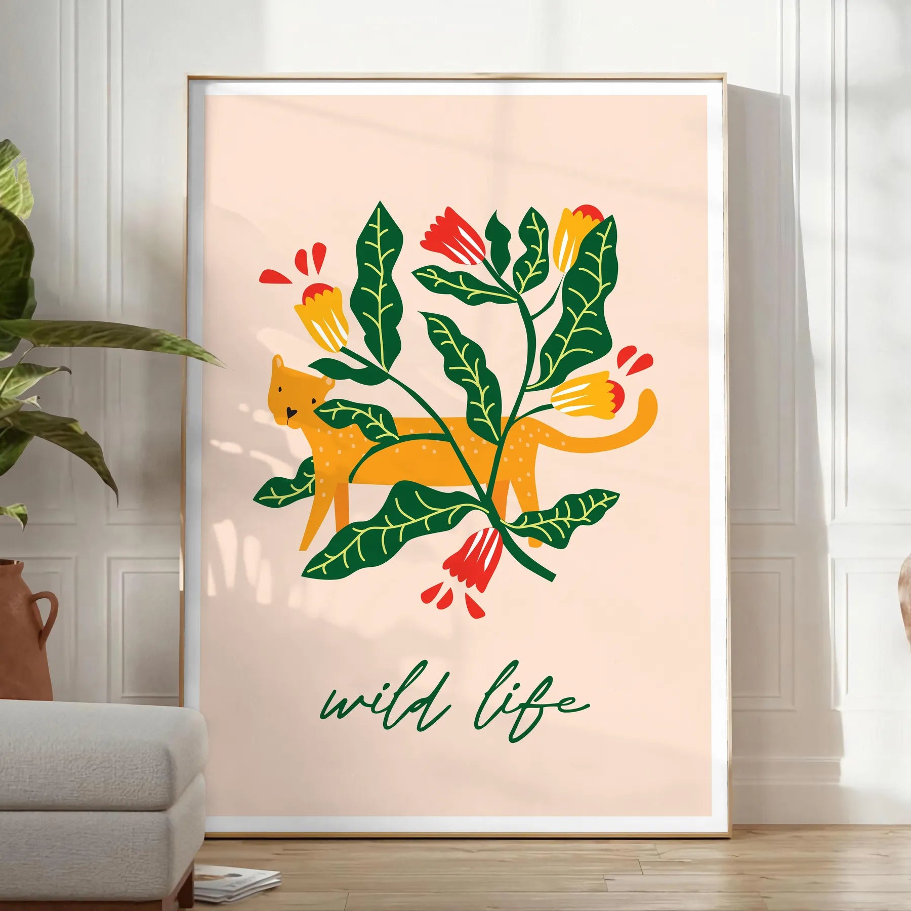 space vibrant botanical poster lush green striking orange hues wall art unique gift nature beauty indoors preferred size A4 cm A0 decor stunning print today