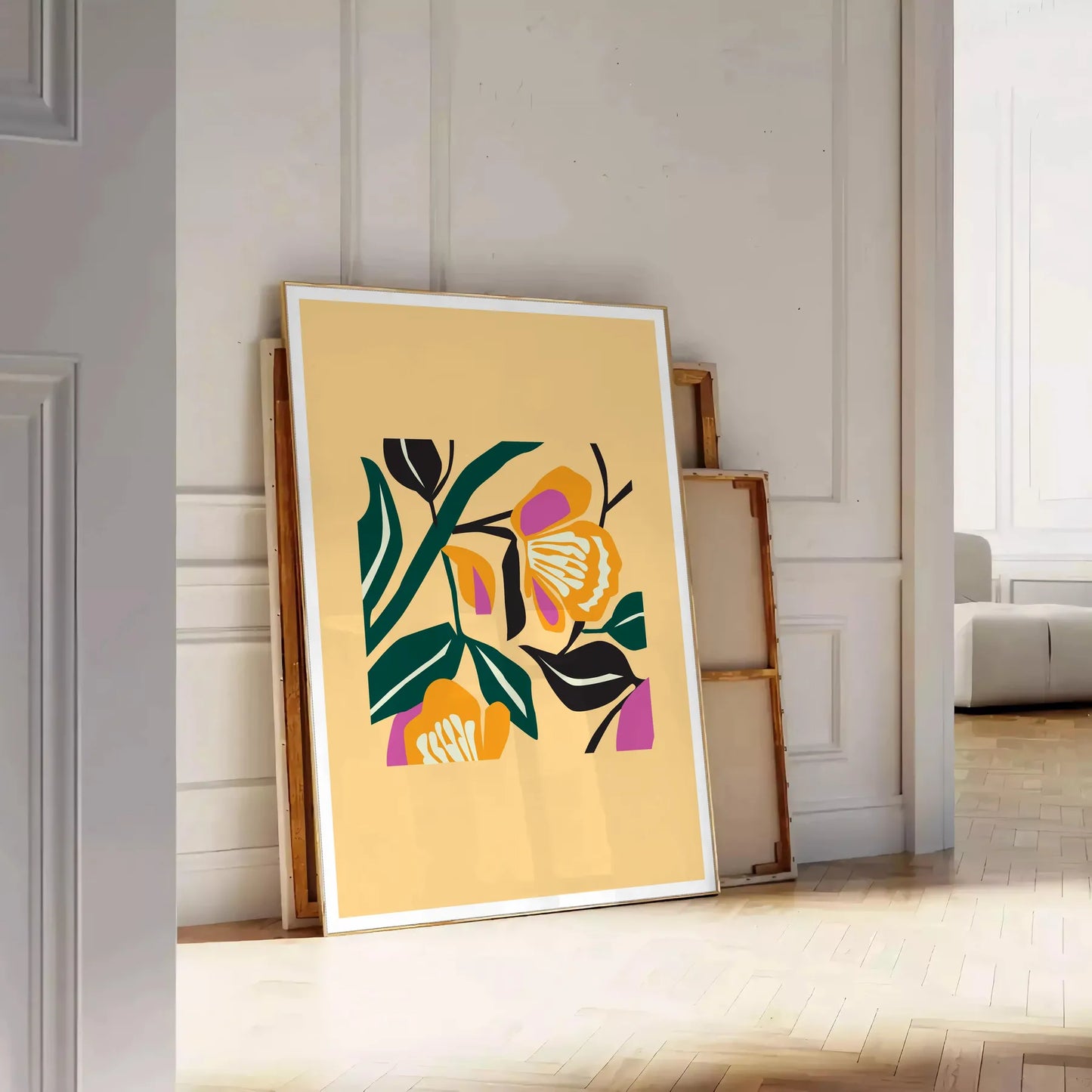 space botanical poster vibrant yellow bold black hues wall art unique gift artwork nature charm room sizes A4 cm A0