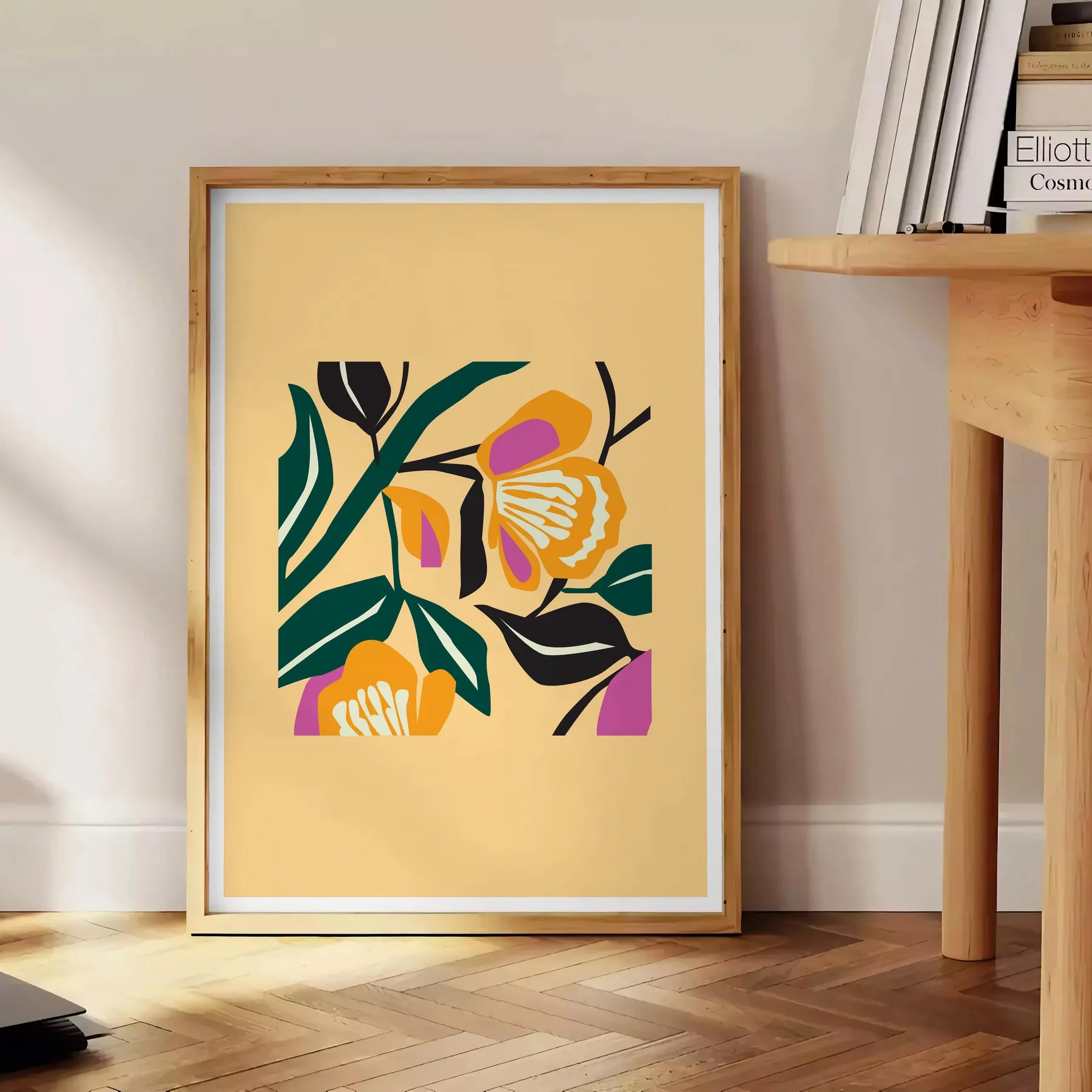 space botanical poster vibrant yellow bold black hues wall art unique gift artwork nature charm room sizes A4 cm A0