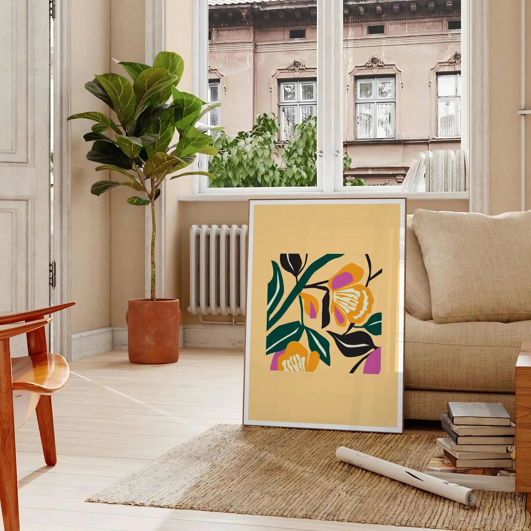 space botanical poster vibrant yellow bold black hues wall art unique gift artwork nature charm room sizes A4 cm A0