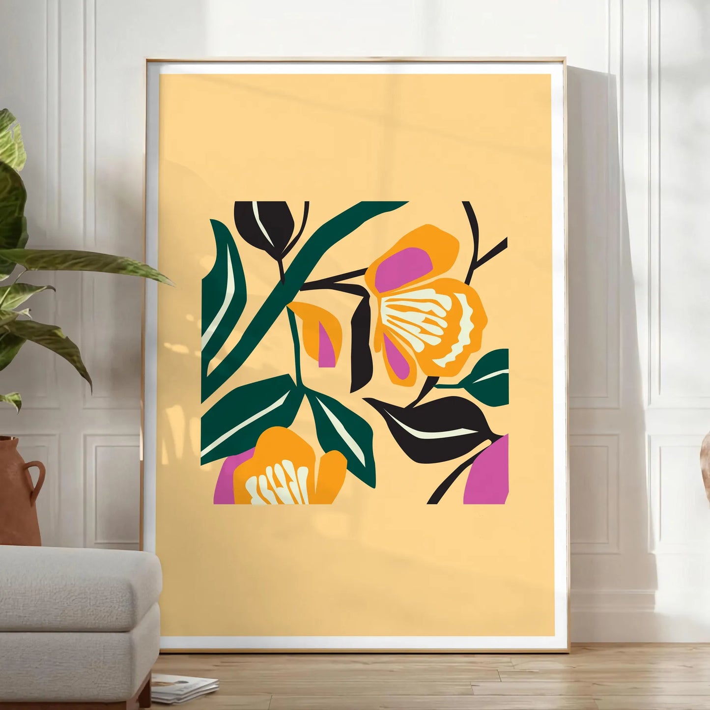 space botanical poster vibrant yellow bold black hues wall art unique gift artwork nature charm room sizes A4 cm A0
