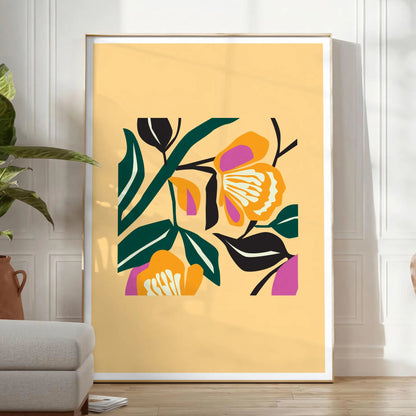 space botanical poster vibrant yellow bold black hues wall art unique gift artwork nature charm room sizes A4 cm A0