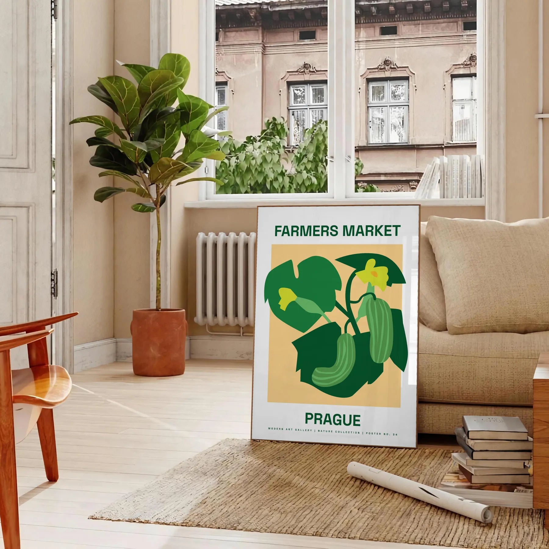 space vibrant Farmer Market Botanical Poster lush green orange hues wall art perfect nature lovers unique gift ideal size A4 cm A0 room charm